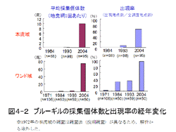 図４-２　ブルーギルの採集個体数と出現率の経年変化