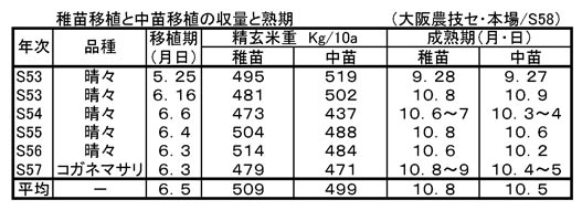 稚苗移植と中苗移植の収量と熟期