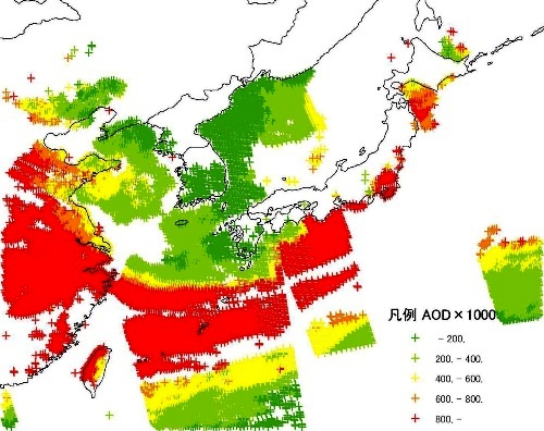 人工衛星Aquaによる黄砂飛来状況(2010年3月21日)