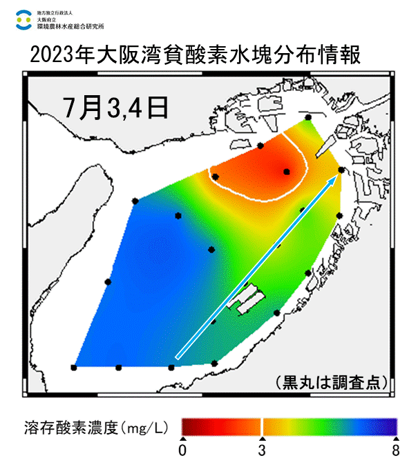 23年7月3日調査　湾奥部で貧酸素水塊が確認されました。