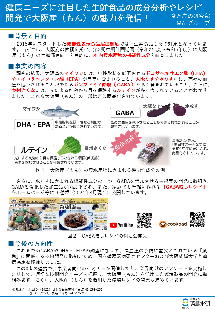 健康ニーズに注目した生鮮食品の成分分析やレシピ開発で大阪産（もん）の魅力を発信！