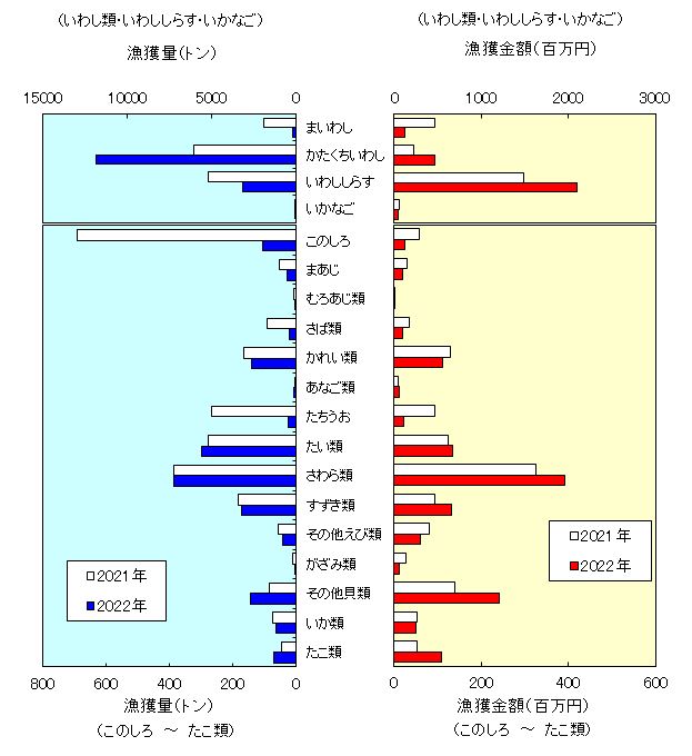  2021年・2022年における主な魚種の漁獲量・漁獲金額（グラフ） 