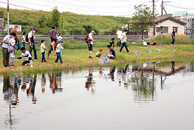 もんどりをビオトープ池へ投入